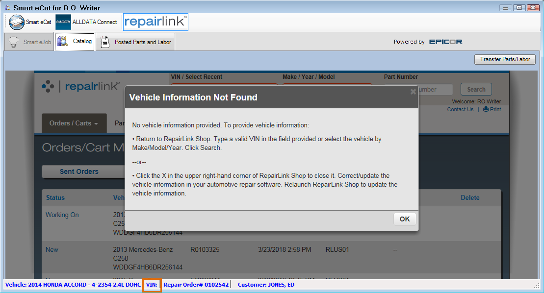 The no vehicle prompt over the OEC RepairLink window.