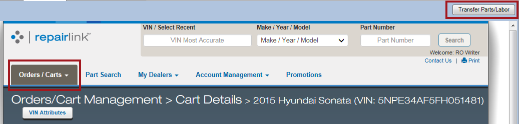 The RepairLink shopping cart with a part and the Transfer Parts/Labor button.