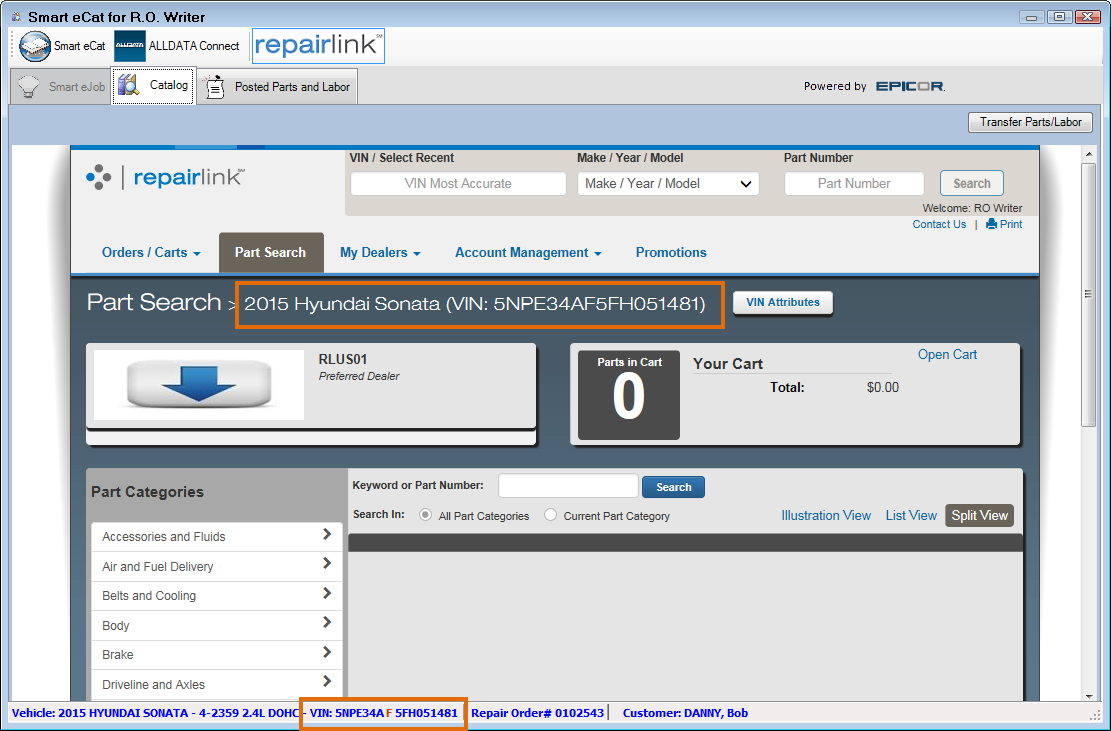 The OEC RepairLink window showing the vehicle information from the open ticket, including the VIN.