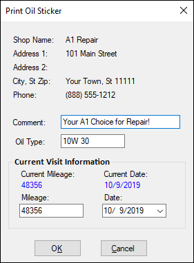 The Print Oil Sticker window.