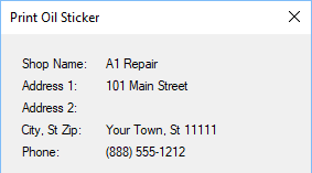 The shop information on the Print Oil Sticker window.