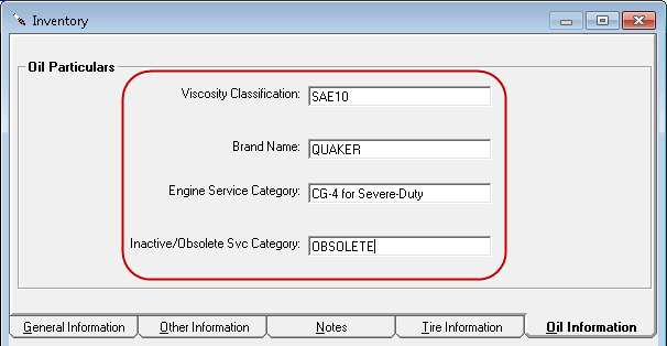 The Oil Information fields on the Oil Information tab in Inventory.