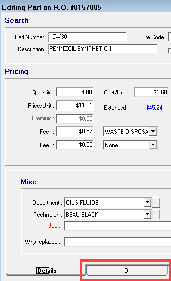 The Oil tab at the bottom of the Editing Part Window.