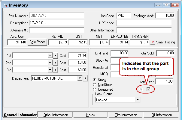 The Oil box checked and grayed out on the General Information tab.