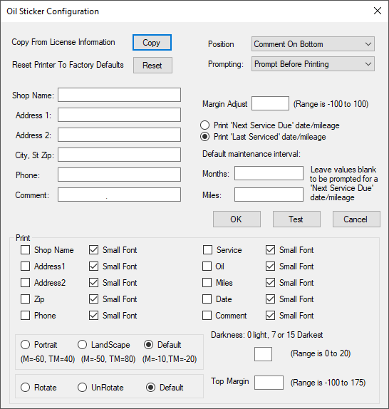 The Oil Sticker Configuration window.