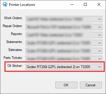 The Printer Locations window with the printer selected in the Oil Sticker dropwdown list.