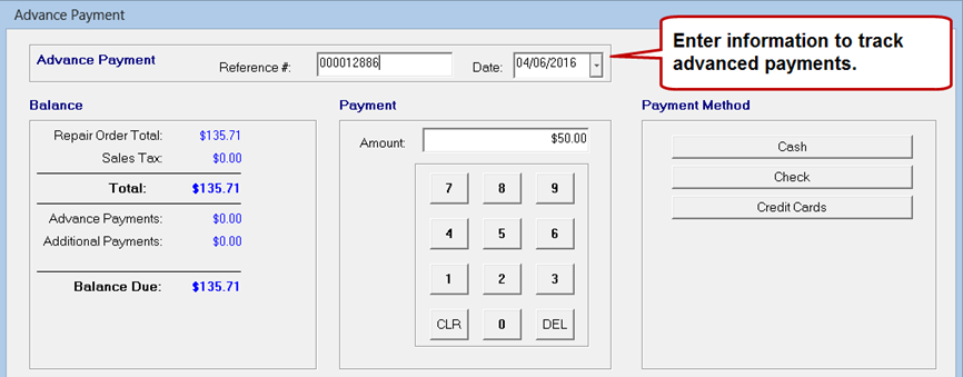 The Advanced Payment window pointing to the reference number and date fields for tracking.