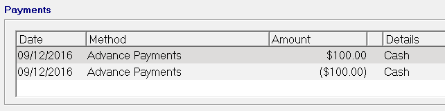 The reversed advanced payment in the Payments section.