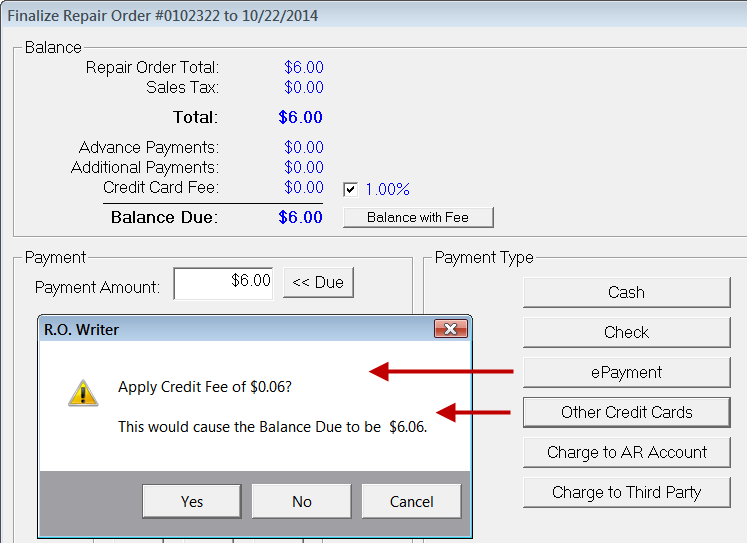 Apply credit fee popup window opened over the finalize window.