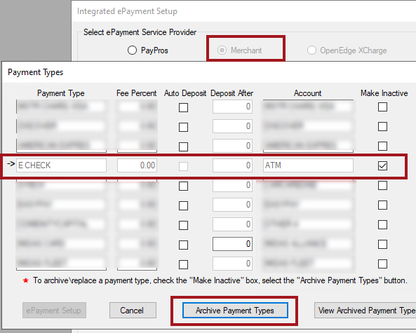 A payment row with Make Inactive box checked and the Archive button circled.
