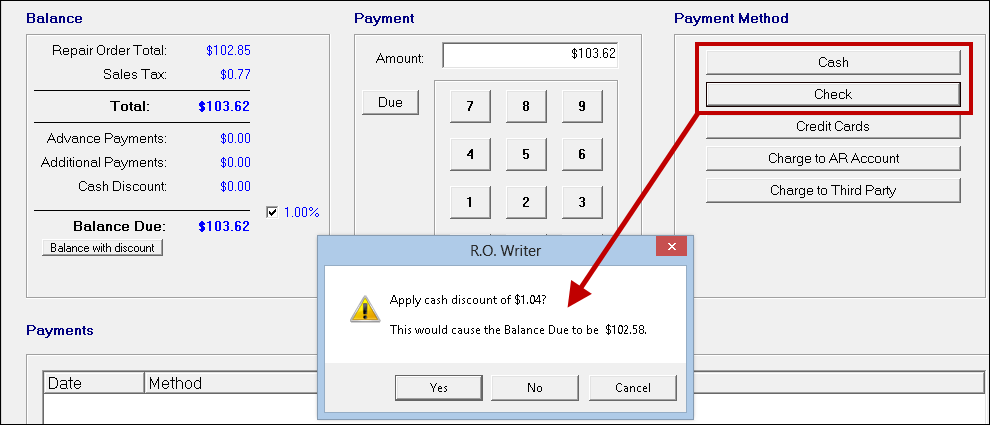 The apply cash discount popup window opened from the cash or check buttons.