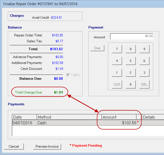 The discounted amount displaying as the total change due.
