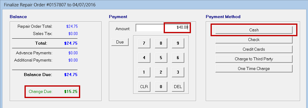 The Finalize window with the payment amount, change due, and cash button circled.