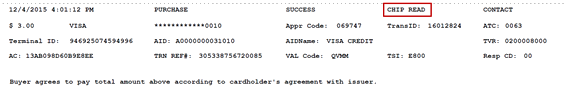 Printed information from inserted chip credit card transactions.