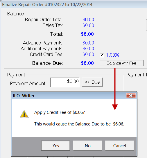 The new balance due popup window opened over the finalize window.