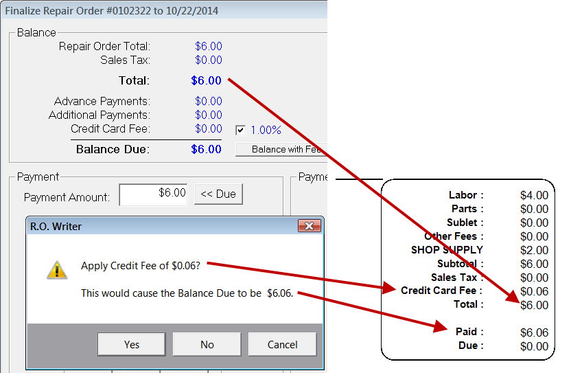 The credit fee in the totals areas of the printed invoice to the customer.