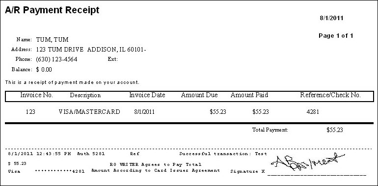 The AR Payment receipt with electronic signature.