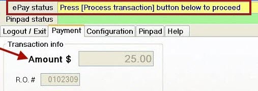 The Payment tab on the epay window with the epay status bar circled.