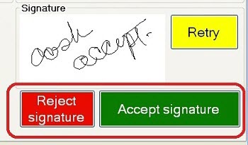 An electronic signature captured and the Reject Signature and Accept Signature buttons circled.