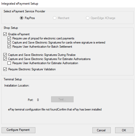 The Integrated ePayment Setup window for Paypros