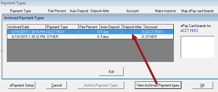 The Archived Payments types window open over the Payment Types window.