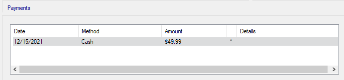 The Payments section with a cash payment.