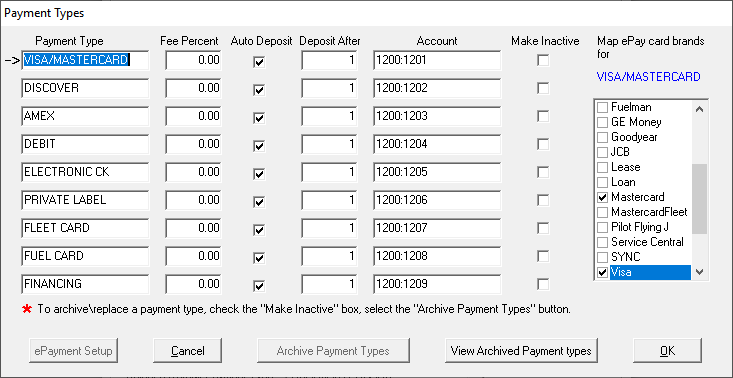 The Payment Types window with one payment type selected.