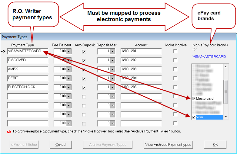 The Payments Types window with callouts pointing to the payment types and universal epayment types.