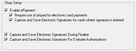The shop setup section of the integrated epayment setup window.