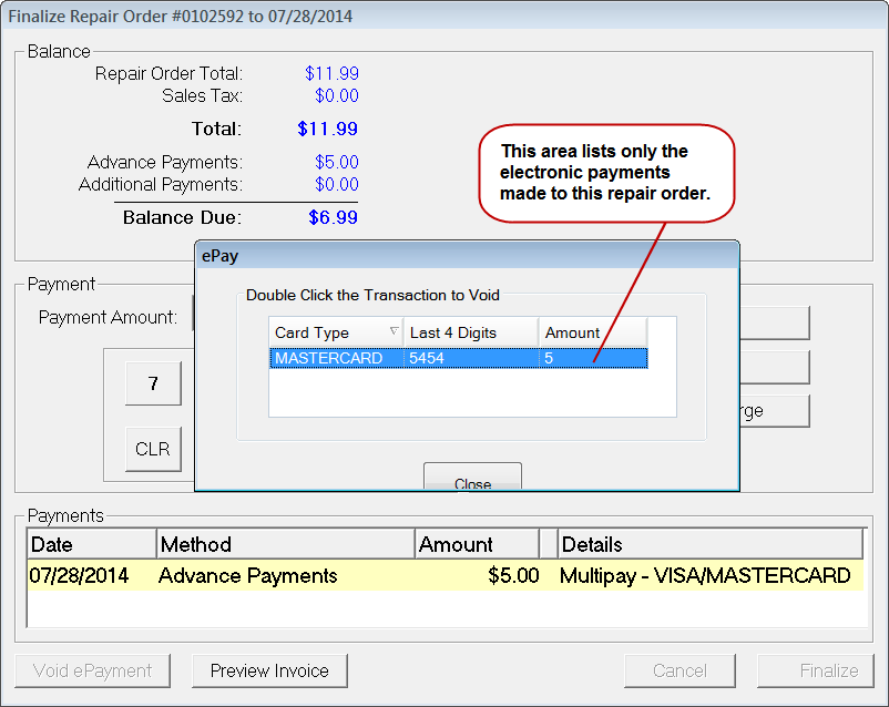 The epay void window showing a reversed charge.