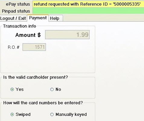 The refund request in the epay status bar on the pin pad screen.