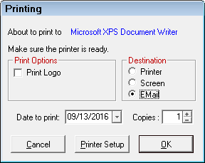 The Printing window with EMail selected as the Destination.