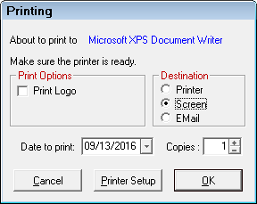 The Printing window with Screen selected as the Destination.