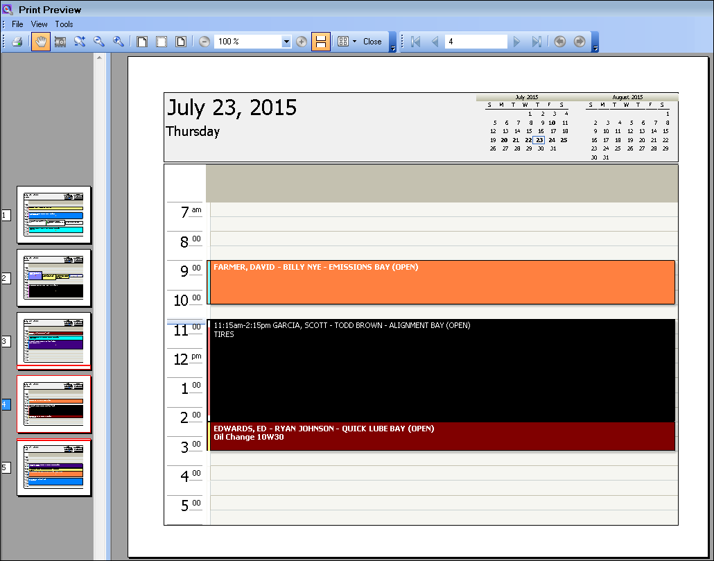 The print preview window of the daily schedule.
