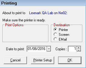 The Printing window with Printer selected as the Destination.