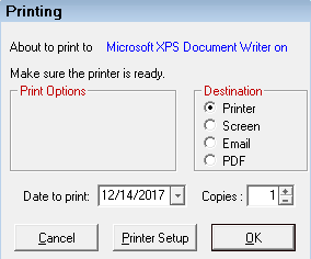 The Printing window with Printer selected as the Destination.