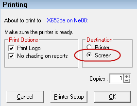 The Printing window with Screen selected as the Destination.