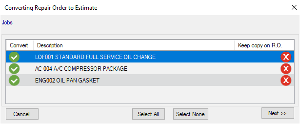 The Convert Repair Order to Estimate window.