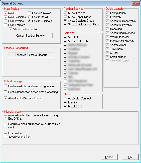 The General Options window.