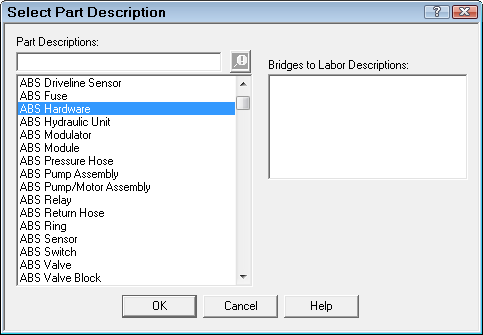 The Select Part Descriptions window.