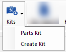 The kits button and dropdown list from it in the ticket toolbar.