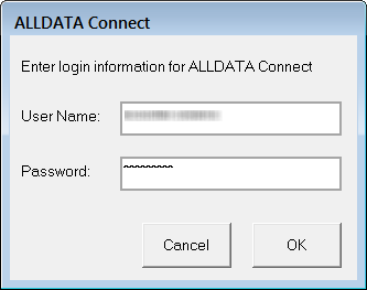 The Alldata Connect window with the User Name and Password fields.