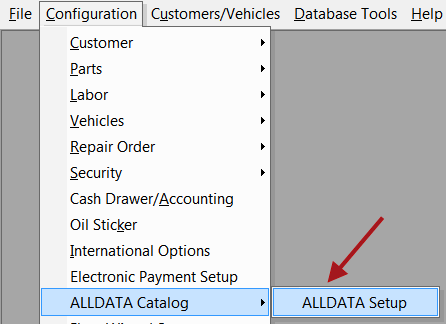 The ALLDATA Catalog entry on the Configuration menu.