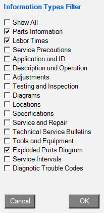 The Information types filter window.