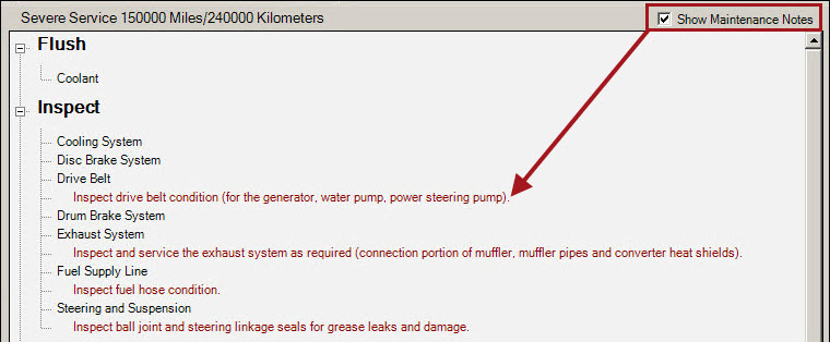 The maintenance notes for the selected service.