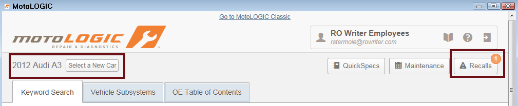 The motologic window with the vehicle and recall indicator circled.