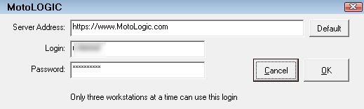 The motologic window showing the login fields.