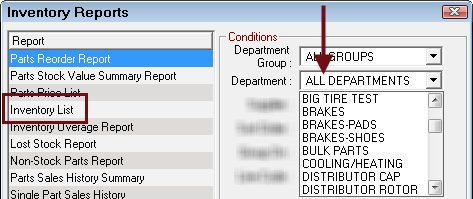 The Inventory Reports window with the Department dropdown list expanded.