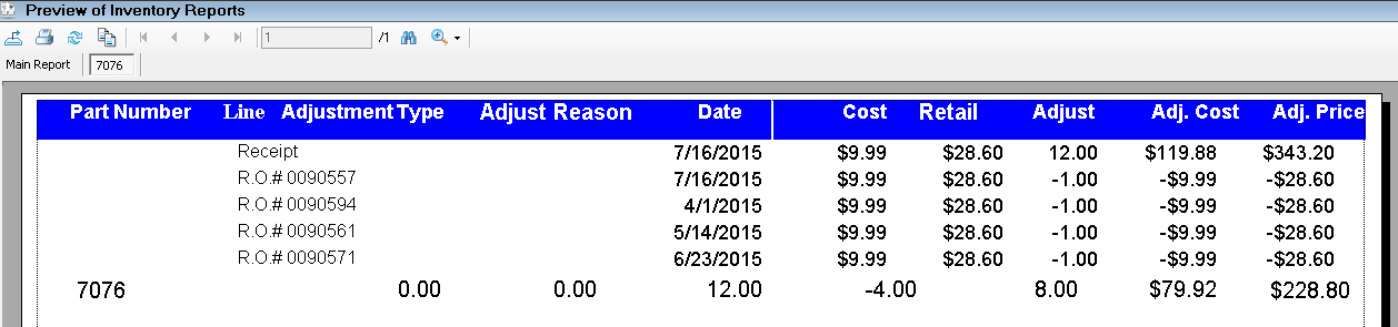 The Part Audit Trail Report for one part number and the Main Report button in the drilldown toolbar.