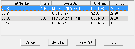 The Parts List window showing parts that match the search criteria.